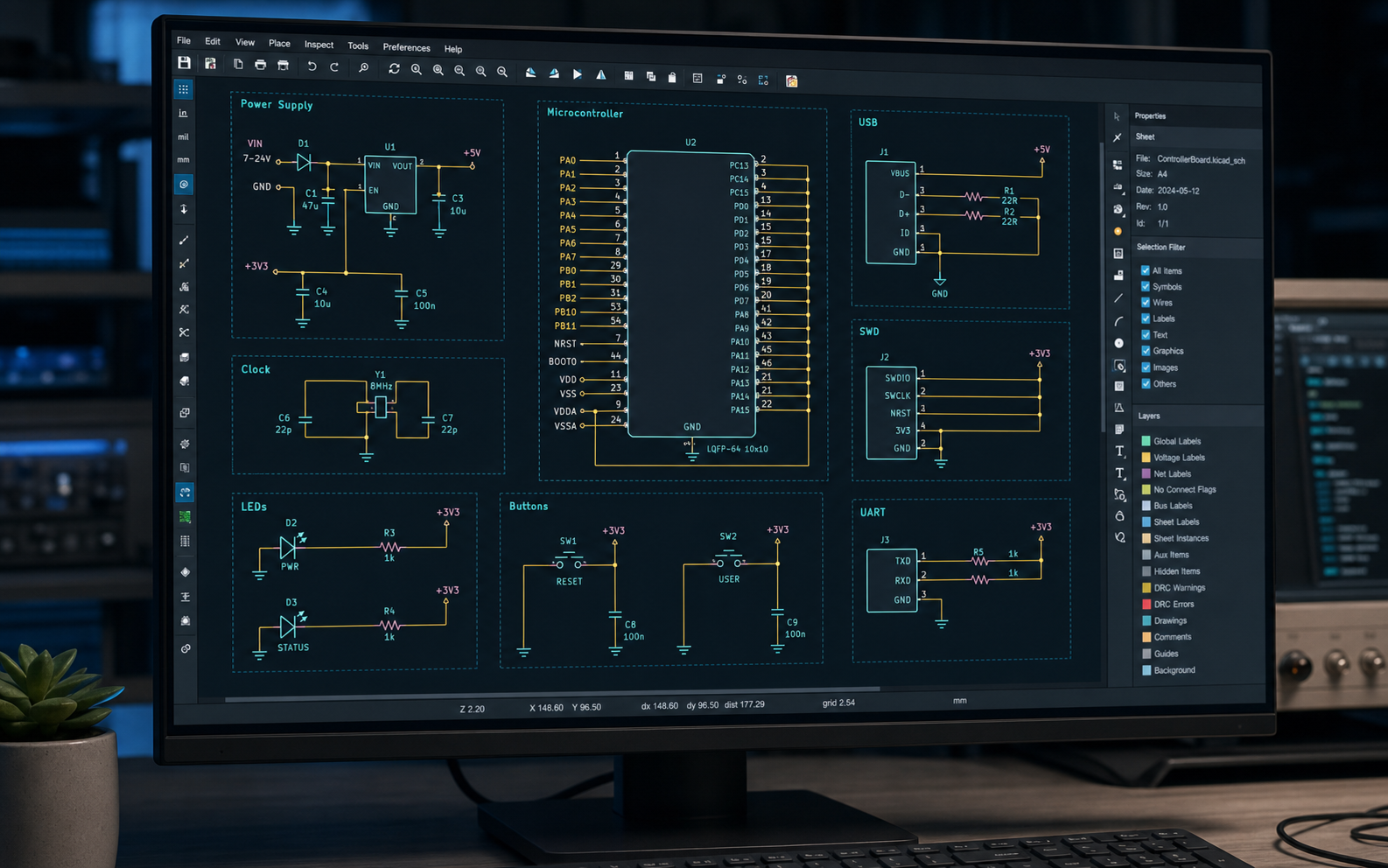 Projekt schematu elektronicznego sterownika w środowisku KiCad