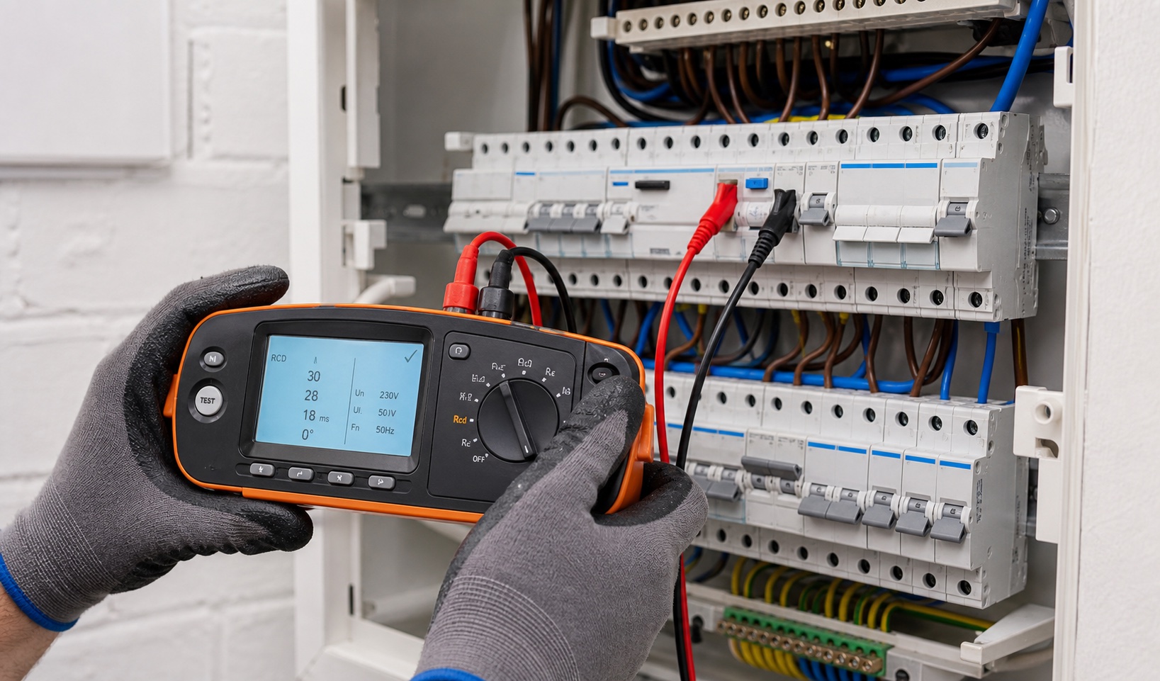Pomiar RCD miernikiem instalacji elektrycznych przy rozdzielnicy