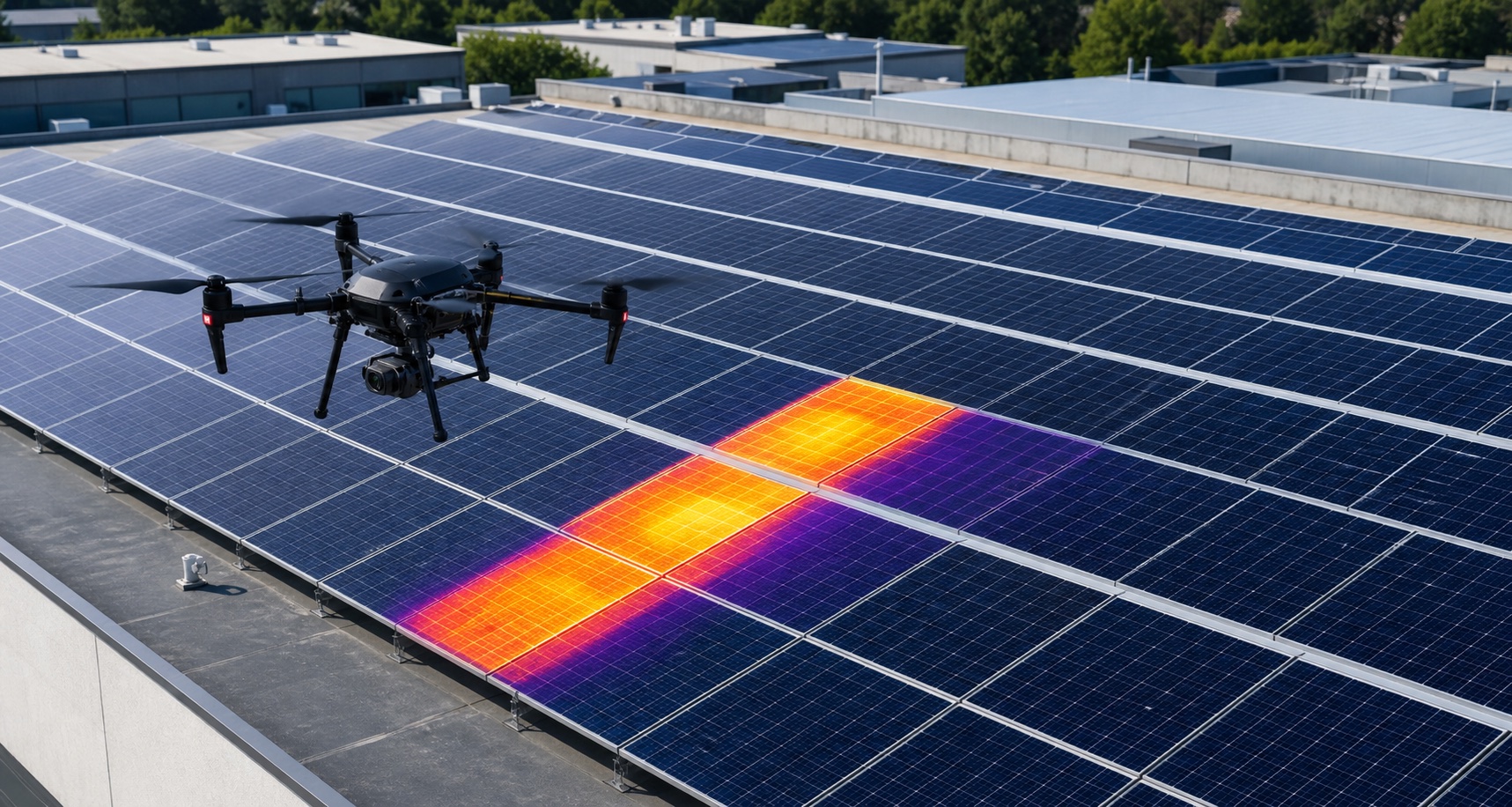 Dron nad panelami PV z termicznym wskazaniem przegrzanych modułów